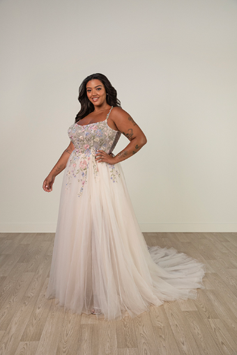 Stella York 8063 #3 (BH-IV) BLUE BLUSH LACE ON TULLE OVER IVORY GOWN thumbnail